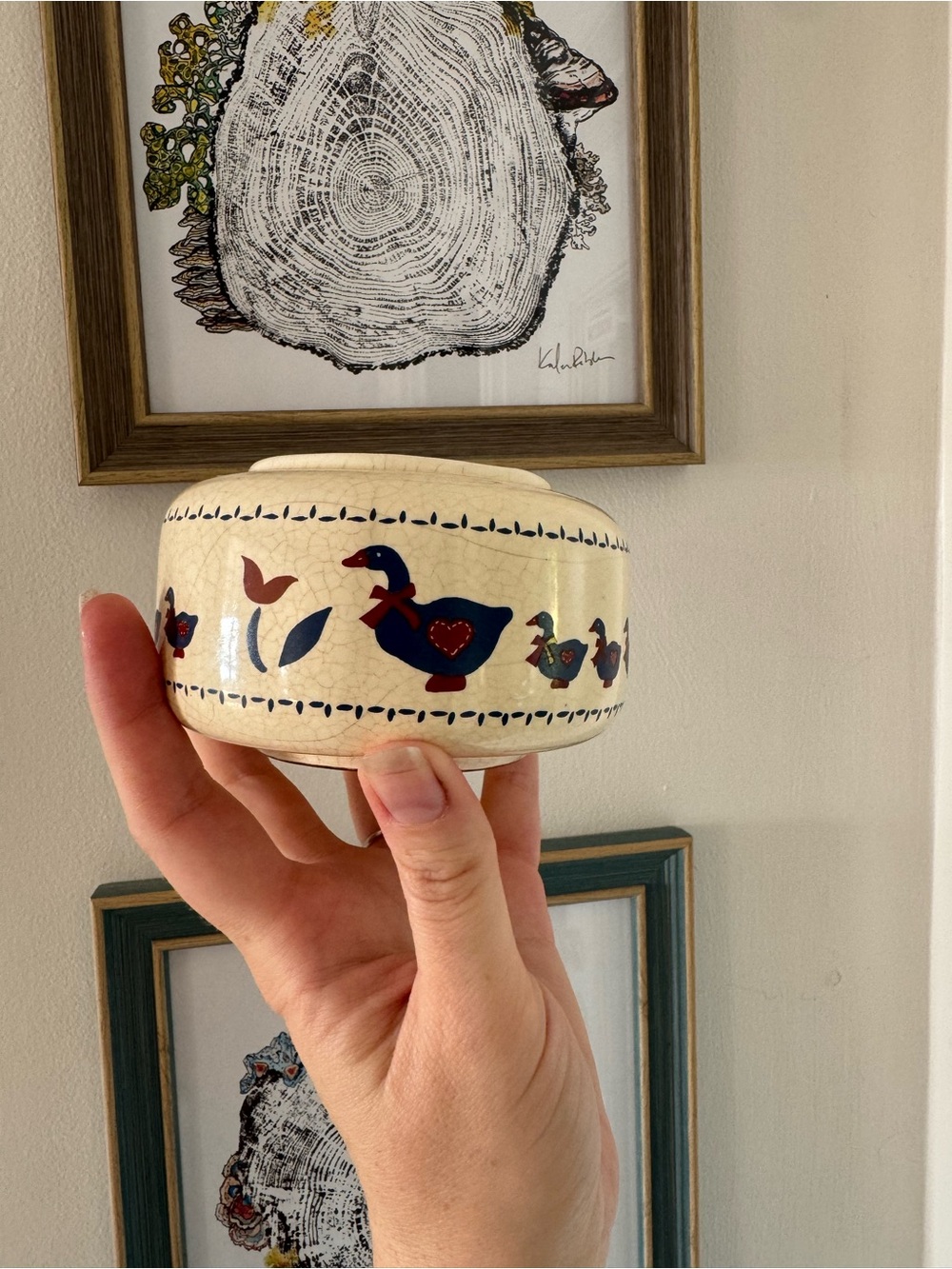 Vintage Ceramic Trinket Bowl with Navy Duck Motif - Cream